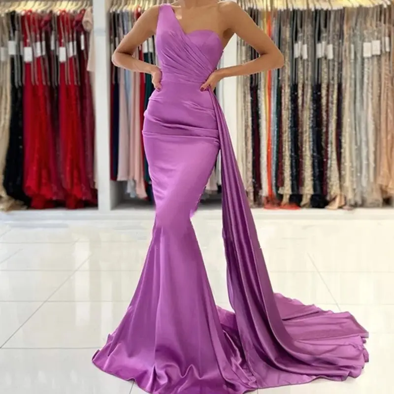 Purple Evening Gowns Mermaid One Shoulder With Sweep Train Pleat Satin Long Party Prom Sleeveless Celebration Banquet Dresses
