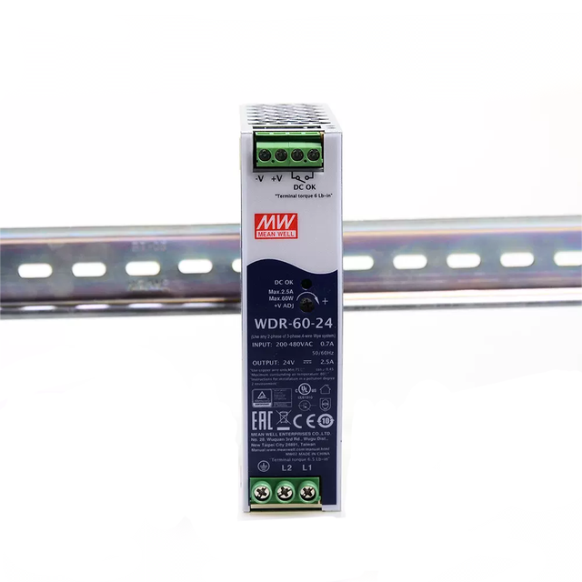 Meanwell 24V 2.5A 60W WDR-60-24 180 ~ 550VAC High Input Voltage Din Rail Switching Power Supply for Automation Industrial