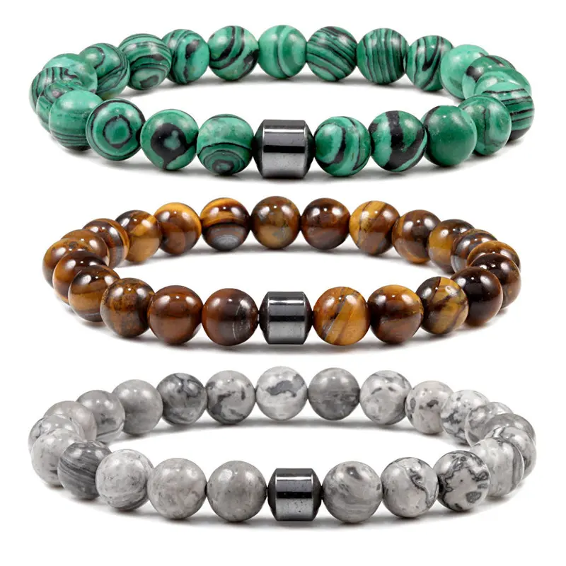 Hot Selling Wholesale Custom 8mm Magnet Charm Beads Stretch Natural Stone Lava Bead Men Bracelet For Couple
