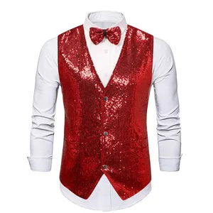 Men's shiny sequin vest ,V-Neck regular-fit party suit waistcoat with bowtie 2 pieces