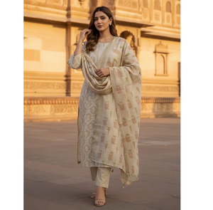 Beige Digital Print Cotton Casual <b>Kurta</b> Pant Set with Floral Dupatta Quick Dry Wrinkle Free <b>Womens</b> Ethnic Daily Wear - Product Image 3