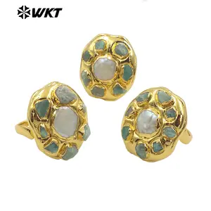 WT-MPR086 Wholesale Fashion 18K Gold Plated Handmade Amazonite Tiny Stone Decorative With Pearl Women Cocktail Ring