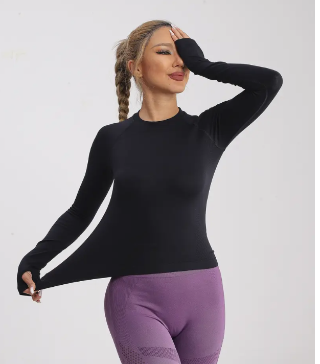 Women Athletic Long Sleeve Round Neck Quick Dry Breathable Slim Fit Workout Fitness Solid Color T-Shirt Yoga Top