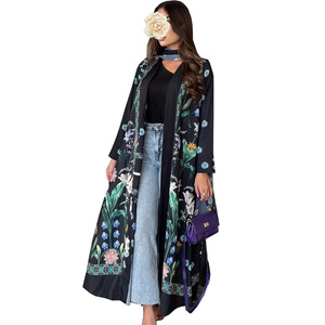 Elegante Vestido Árabe Modesto para <span class=keywords><strong>Mujer</strong></span>, Estampado Floral, Manga Larga, Holgado, de Poliéster, Abaya Marroquí, Traje Musulmán para Fiesta - Product Image 5