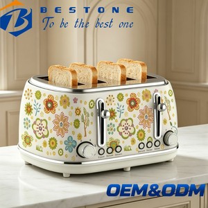 Tostadora BESTONE de 4 Rebanadas, Color Crema, Diseño Floral, Temporizador Mecánico, Función de Descongelar, Recalebar y Cancelar, Uso Doméstico - Product Image 1