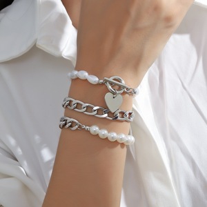 Retro-chic, light luxury, unique faux pearl heart pendant OT buckle <b>bracelet</b> <b>set</b>, European and American style multi-layered - Product Image 3
