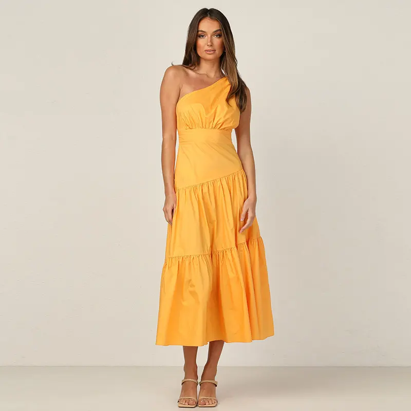 100% Cotton one shoulder with knot detail ruched yellow midi dress plus size woman casual dress