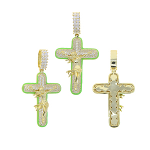 Glassato fuori Bling gesus Cross ciondolo collana 5A zircone cubico CZ smalto verde luminoso Hip Hop gioielli da uomo con catena di corda da Tennis - Product Image 2