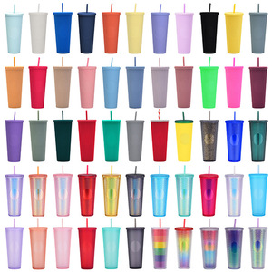 24 oz double wall plastic acrylic reusable cold drinking matte studded tumbler with lids and straws