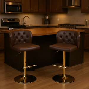 Tabourets de bar modernes en similicuir rembourrés, dossier entièrement capitonné, pivotants, hauteur de siège réglable, marron, lot de 2, pour la maison, le pub, la cuisine, l'îlot - Product Image 2