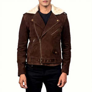 Veste en daim marron véritable pour homme, col en peau de mouton, coupe asymétrique, style motard, ceinturée, vêtement d'extérieur chaud pour l'hiver - Product Image 1