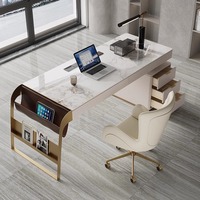 Bureau d'ordinateur moderne blanc avec plateau en marbre, structure métallique et tiroir, mobilier de bureau exécutif pour la maison