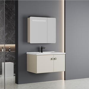 Tocador de <span class=keywords><strong>baño</strong></span> flotante montado en la pared 60 70 <span class=keywords><strong>80</strong></span> <span class=keywords><strong>cm</strong></span> con <span class=keywords><strong>espejo</strong></span> LED inteligente y lavabo de Villa gabinete de <span class=keywords><strong>baño</strong></span> estilo crema francesa - Product Image 1