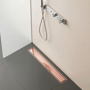 Rejilla de drenaje lineal moderna de acero inoxidable color oro rosa para azulejos, con filtro antiolores, duradera, para ducha de baño - Product Image 3