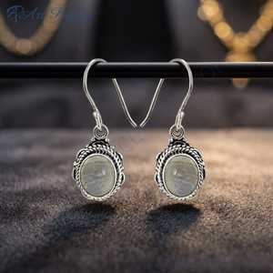 Boucles d'oreilles Huggie en argent sterling 925 avec cristal de pierre de lune arc-en-ciel, design ethnique pour femmes, pour la purification des énergies négatives et la protection - Product Image 2