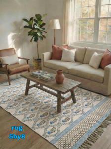 Blue Floral <b>Block</b> Print Cotton Rug 5x8 Handmade Carpet with Tassels Boho Floor Mat Living Room Decor - Product Image 1