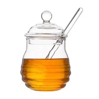 Pot en verre borosilicate à faible MOQ pour miel et confiture, qualité alimentaire, compatible micro-ondes et lave-vaisselle, capacité 300 ml avec couvercle à clip et cuillère distributrice