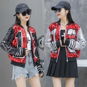 Custom <span class=keywords><strong>NFL</strong></span> Stand-up Collar Moda Cremallera Abrigo Crop Béisbol Uniforme Lentejuelas Chaquetas para Mujeres - Product Image 1