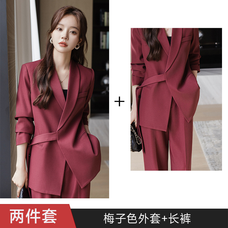 Plum-colored wide-leg suit pants