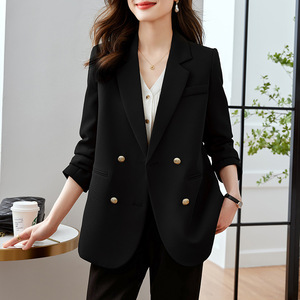 <b>Women's</b> Blazer <b>Black</b> Double Breasted <b>Suit</b> <b>Jacket</b> Solid Color Polyester Anti-Wrinkle Office Wear - Product Image 1