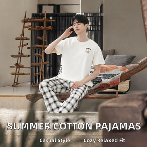 <b>Mens</b> Knitted <b>Pajama</b> Set Short Sleeve Shirt Trousers <b>Summer</b> Casual Loungewear Soft Breathable Relaxed Fit Outdoor Homewear Outfit - Product Image 2