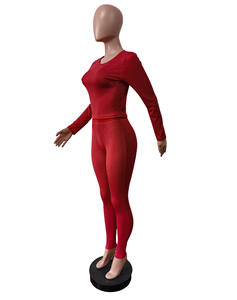 定制秋季春季两件套女式长袖上衣长裤罗纹针织两件套休闲修身两件套女式慢跑者套装 - Product Image 6