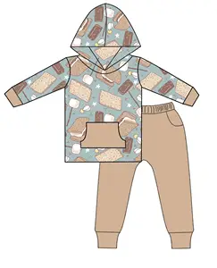 Qingli مجموعة ملابس مطبوعة للأطفال ملابس للأولاد من الخيزران أطقم بدل للأطفال خريفي بأكمام طويلة وغطاء للرأس ملابس للأطفال بتصاميم كارتونية