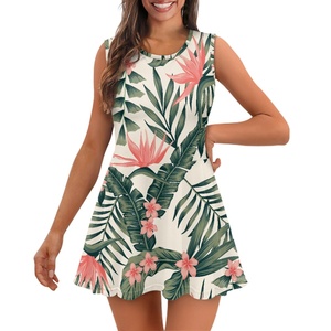 Vestido <span class=keywords><strong>de</strong></span> verano Sexy con estampado <span class=keywords><strong>de</strong></span> plantas tropicales para mujer, vestido rojo con estampado <span class=keywords><strong>de</strong></span> flores Frangipani blanco, vestido sin mangas con cuello redondo para mujer - Product Image 3