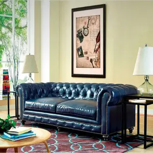 Royal Navy Blue Retro Leather Home Furniture Living Room Chesterfield Sofa