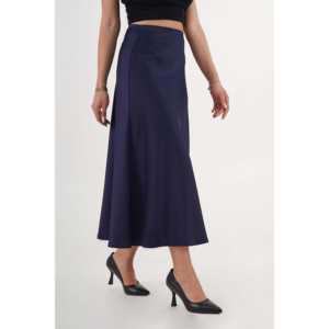 Falda larga de satén azul marino con volantes, 100% seda brillante, corte en A, para mujer - Product Image 4