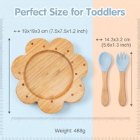 Ensemble d'assiettes à ventouse en bambou naturel en forme de fleur de dessin animé, vaisselle antidérapante pour tout-petits, fourchette et cuillère en bois, écologique, vente en gros
