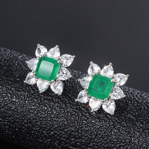 Simple Fashion Jewelry Eco-friendly Copper Silver Plated Princess Square Cut Green Zircon Floral Stud <b>Earrings</b> Women - Product Image 4