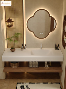 Meuble intelligent Song's avec lavabo intégré en dalle de roche, miroir fleur de prunier et style minimaliste moderne esthétique - Product Image 3
