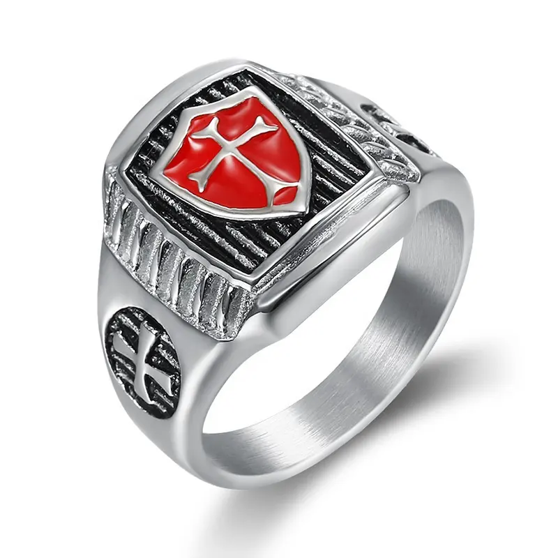 Fine Stainless Steel Silver Plated Stripe Engraved Rap Style Red Shield Cross Ring Knights Templar Men's jewelry Finger Anillos