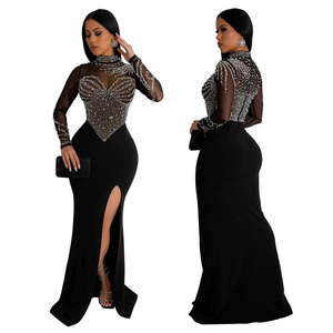 Nuevo estilo europeo: Vestido transparente con cuentas, cuello redondo, manga larga y abertura alta - Vestido de noche para fiesta - Product Image 3