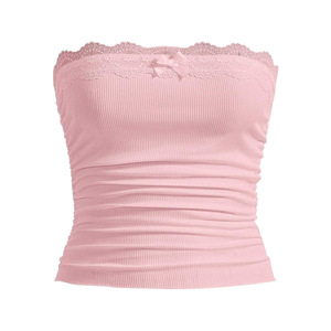 Peeqi, venta al por mayor, Tops cortos informales para mujer para verano, nuevo corsé plisado, Color sólido, <span class=keywords><strong>Camiseta</strong></span> corta <span class=keywords><strong>de</strong></span> retazos <span class=keywords><strong>de</strong></span> <span class=keywords><strong>encaje</strong></span> sin <span class=keywords><strong>tirantes</strong></span> para - Product Image 4