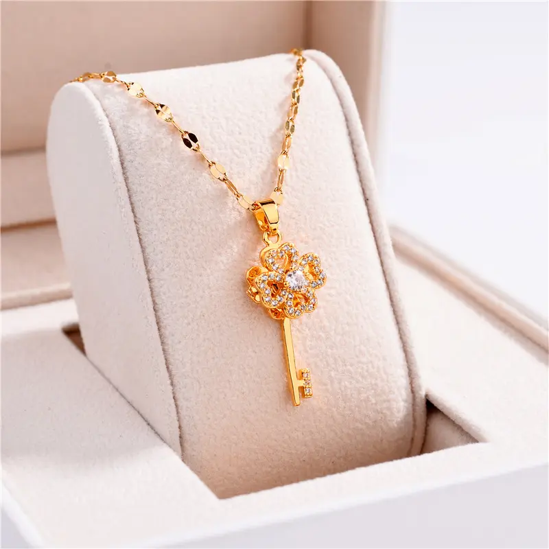 Dames Mode Vergulde Roestvrij Staal Kristal Diamant Liefde Bloem Sleutel Hanger Ketting Bruiloft Verlovingslink Geweldig Cadeau