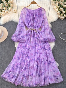 Vestido Largo de Gasa con Cuello Redondo y Estampado Floral, Estilo Primavera-Otoño, Elegante y con Atitude, Ideal para la Hora del Té - Product Image 4