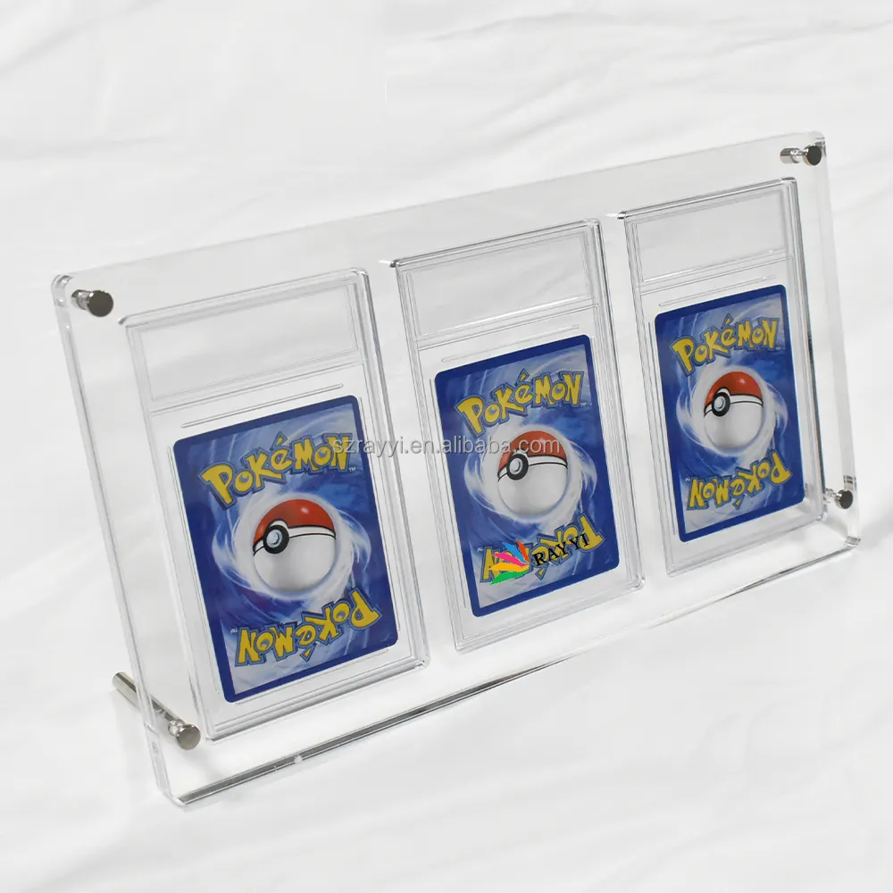 Ray Yi mẫu miễn phí chống UV máy tính để bàn 3 khe cắm Acrylic Pokemon chấm điểm thẻ hiển thị đứng cho phân loại tấm khung