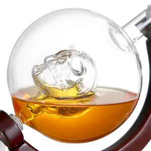 Decanter With Glass Stopper Unique Magic Novelty Gift 850ml Hand Blown Glass Skeleton Globe Bar Set Whiskey Decanter With Glasses Stopper Wooden Base