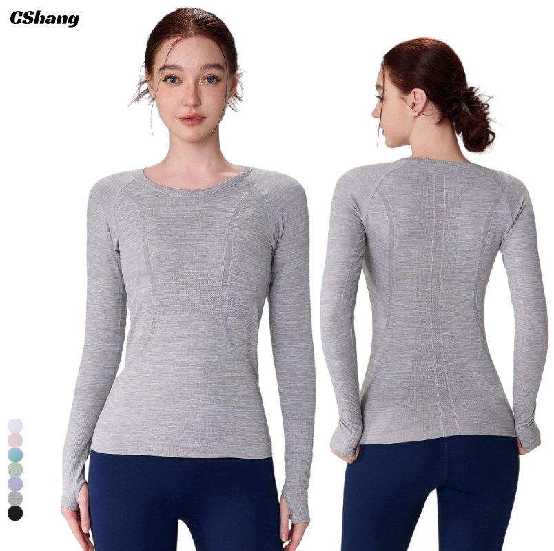 Long Sleeve Seamless Fitness T Shirt Breathable Workout Clothes Round Neck Women Yoga Gym Wear Sports Top