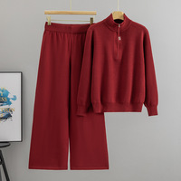 Ensemble 2 pièces tricoté pour femme automne : Cardigan court à col montant et demi-zip, pantalon tricoté taille haute à jambes larges – Tenue décontractée douce et minimaliste