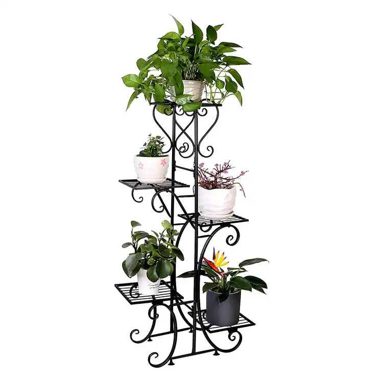Prateleira de ferro forjado de 5 tier, suporte de planta alta, exterior, jardim, vasos de flores, suporte de exibição