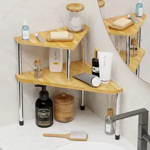 Corner Bathroom Organizer Storage Tower 3 Shelves Bamboo Black Metal