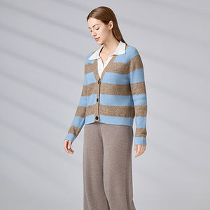 Fabricant de tricots, vêtements de créateurs sur mesure de haute qualité, pull d'hiver à col en V pour femme, cardigan rayé, pull pour femme - Product Image 4