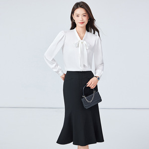 Women's Light Blue Satin Blouse With Tie Neck Long Sleeve Work Shirt For Office Formal Wear - Product Image 3