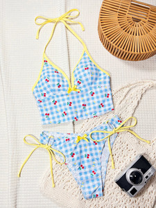 Ensemble <span class=keywords><strong>de</strong></span> bikini pour femmes, bleu à carreaux, imprimé cerises, avec volants, <span class=keywords><strong>maillot</strong></span> <span class=keywords><strong>de</strong></span> <span class=keywords><strong>bain</strong></span> taille haute - Product Image 6