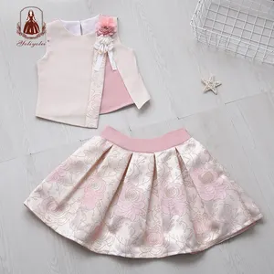 Оптовая продажа, OEM и ODM розовая детская одежда, юбка с цветочным принтом, Детские наряды, комплект одежды для девочек