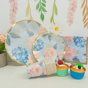 ชุดอุปกรณ์จัดงานเลี้ยงสำหรับเด็กผู้หญิง DAMAI Spring Tea ลายดอกไม้ จานลายดอกไฮเดรนเยียสีฟ้า กุหลาบแดง ภาชนะใช้แล้วทิ้ง แก้วกระดาษ ผ้าเช็ดปาก - Product Image 4