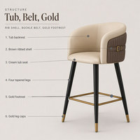 Chaise de bar en cuir PU marron crème avec design de ceinture rétro pour îlot de cuisine, café, bar, restaurant, hôtel, comptoir de maison
